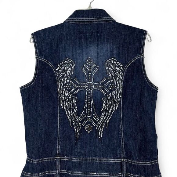 Y2K Clash Embellished Denim Dress Large Wings Cross Punk Goth Cowgirl Western - Picture 3 of 12